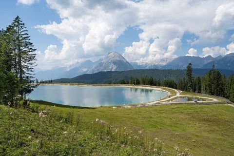 Reservoir at Gschwandtkopf, Karwendel Mountains, behind Wetterstein range, Alps, Seefeld, Tyrol,