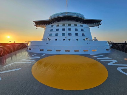 Cruise ship Mein Schiff 6, view from the hump to the bridge, at sunrise, North Sea, Denmark