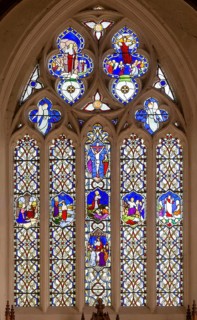 Stained glass east window by James Powell 1851, Wroughton church, Wiltshire, England, UK, Nativity,