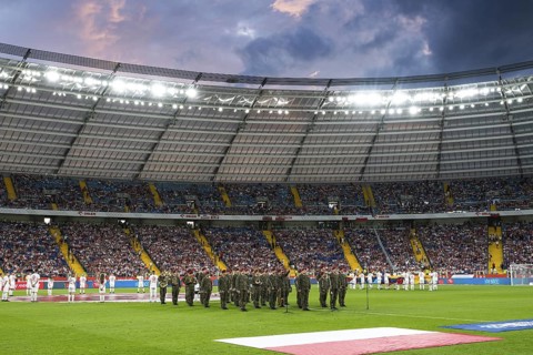 CHORZOW, POLAND - JUNE 6, 2025: Friendly match Poland - Moldova 2:0. Aerial view at the Superauto
