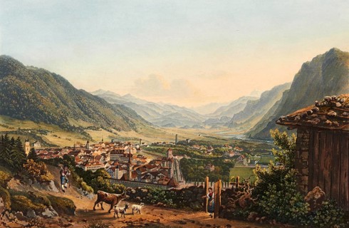 View of the town of Chur and its surroundings, Graubünden, Switzerland, view around 1830, digitally