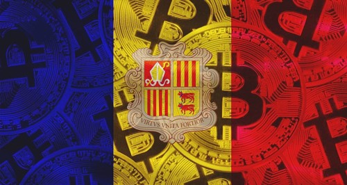 Andorra flag with Bitcoins in the background