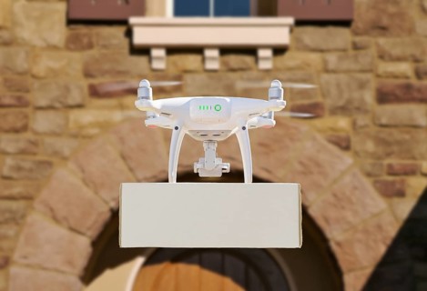 Drone Delivering Package to House Porch