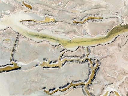 Marshland in the Bahía de Cádiz Nature Reserve. Aerial view. Drone shot. Cádiz province, Andalusia,