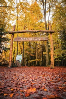 Wooden gateway to the fairytale trail in autumn, Sommerberg, Bad Wildbad, Black Forest, Germany