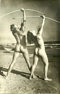Gymnastics, physical culture, self-assured woman, Siegfried Dietrich (left), sport, two naked