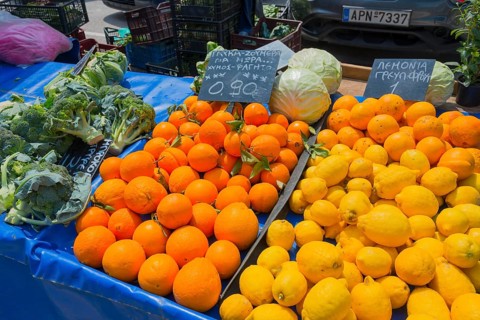 Market stall with fresh oranges and lemons in Greece, Market, Nafplio, Nauplia, Nauplion, Nafplion,