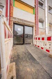 Entrance to a building in the renovation process with barriers, residential renovation, Nagold,