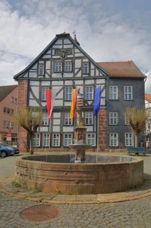 Town hall with Hessian state flag, German national flag and EU flag, fountain, half-timbered house,