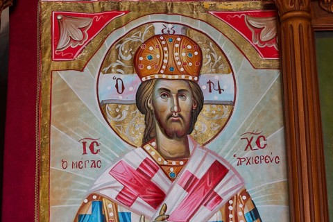 Close-up of an iconic painting of Christ in traditional Christian representation, Chapel of Agios