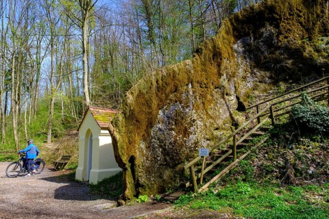 Chapel and growing rock, Steinerne Rinne in Usterling, Johannisfelsen natural monument, near Landau