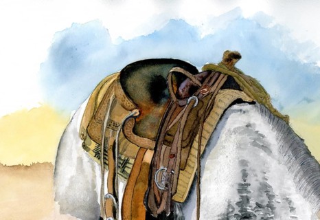 Watercolour painting, horse back of a grey horse with a western saddle, incision of the mane,