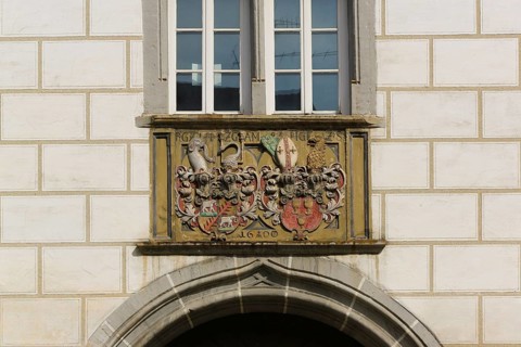Alliance coat of arms of Count Rudolf VI von Helfenstein and Anna Maria von Staufen on Helfenstein