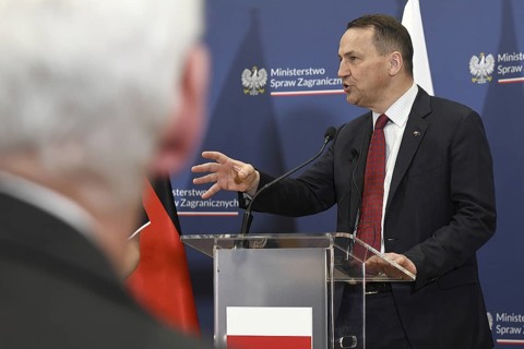 Polish Foreign Minister Radoslaw Sikorski at a joint press conference with his German counterpart,