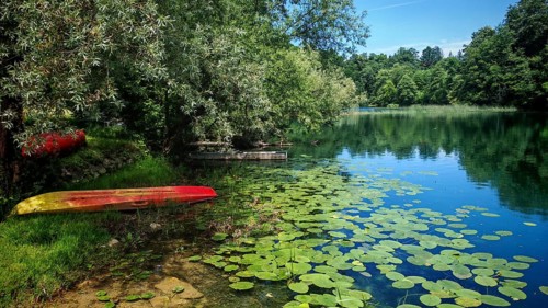 An idyllic river with water lilies and a red and yellow kayak on the banks of the countryside,