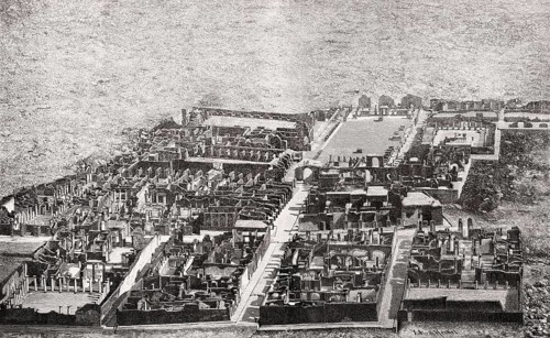 Ruins of Pompeii from above, ancient Roman city of Pompeii, 19th century