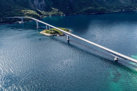 Aerial view of Mjosund Bridge (Norwegian: Mjøsundbrua), bridge on road 848 east of Harstad, Norway