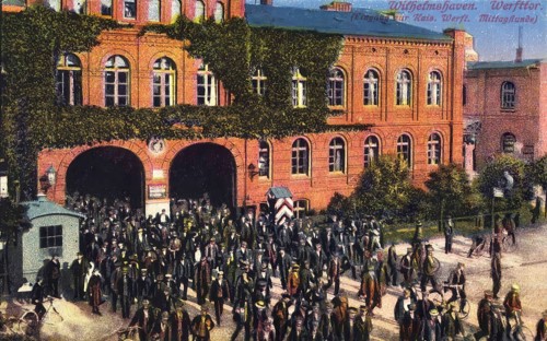 Historical postcard, picture postcard, shipyard gate in Wilhelmshaven, Lower Saxony, Germany,