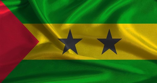 Sao Tome and Principe flag with cloth textured background. National flag of Sao Tome and Principe
