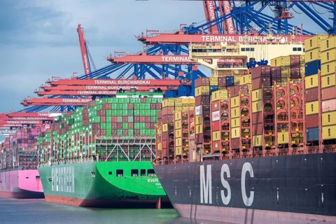 Large container ships (from MSC, Evergreen and ONE) at the berths of the Container Terminal