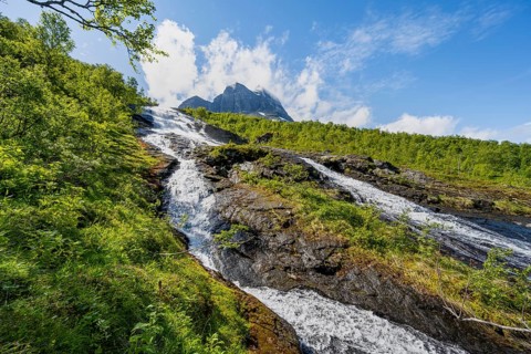 Waterfall on the river Flou between Birkenwald, Innerdalen, Hochtal, Sunndal, Møre og Romsdal,