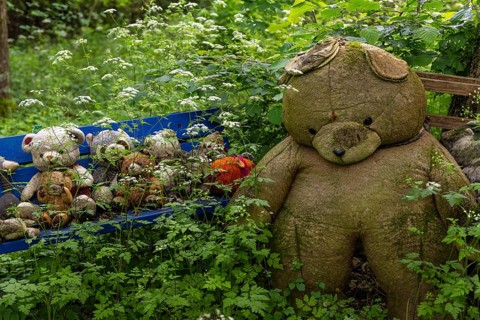 Bank of bear friends in the enchanted forest, Bingen am Rhein, Rhineland-Palatinate, Germany
