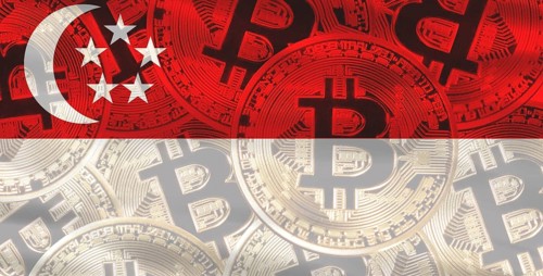 Singaporean flag with Bitcoins in the background. Bitcoin cryptocurrency with Singapore flag,