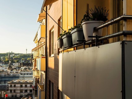 Balcony of a block of flats in the evening light in Wuppertal, Germany