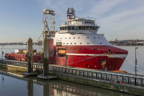 Dina Polaris ship built 2017 integrated geotechnical survey multi-purpose vessel at quayside, River