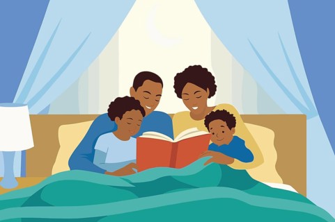 A family gathers in a cozy bedroom, sharing a storybook as they enjoy each other's company in a