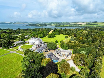 Antony House from a drone, Woodland Garden and Woodland Walk, Torpoint, Cornwall, England, United