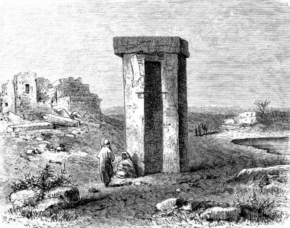 Tumulus or dolmen, called Senám near Tripoli, two right-angled, vertical pillars with capstone,