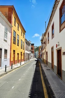 Colourfully painted facades in a quarter of the city, San Cristóbal de La Laguna, Tenerife, Canary