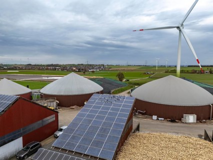 Biogas plant produces gas from various biomass, here the sugar beet store, the electricity is