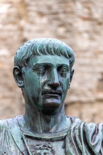 Detail of head and face, Statue bronze sculpture of Roman emperor Trajan (AD 98-117), Tower Hill,