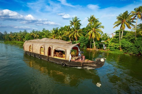 Tourism attraction of Kerala, tourist houseboat in Kerala backwaters. Kerala, India