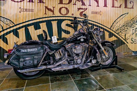 Jack Daniel's themed Harley Davidson motorcycle on display in the museum of the Jack Daniel