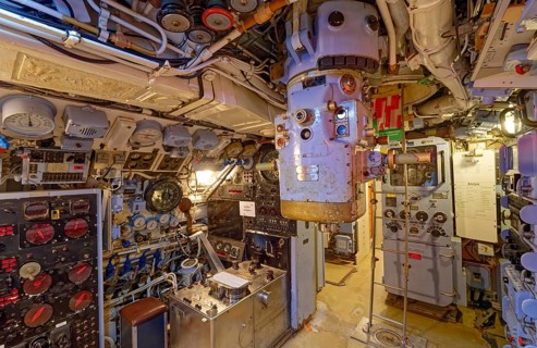 Museum submarine H.M.S.Otus. Control panel, vision tube, periscope. Sassnitz, Mecklenburg-Western