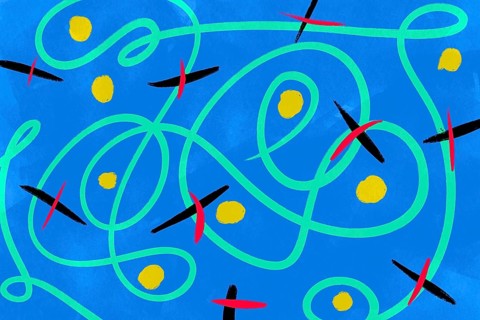 Vibrant abstract illustration featuring swirling lines and bold shapes in blue, yellow, red, and