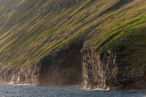 High green cliffs, surf and spray, Vidareidi, Vidoy Island, Viðareiði, Viðoy Island, Faroe Islands,