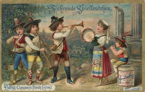 Picture series Children as travelling minstrels, Liebig picture, digitally restored reproduction of