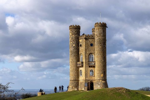 Tower, Broadway Tower, people, clouds, Broadway, The Cotswolds, England, Great Britain