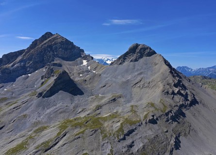 Impressive mountain range with the peaks Grand Chavalard, left, and Six du Doe at the mountain pass
