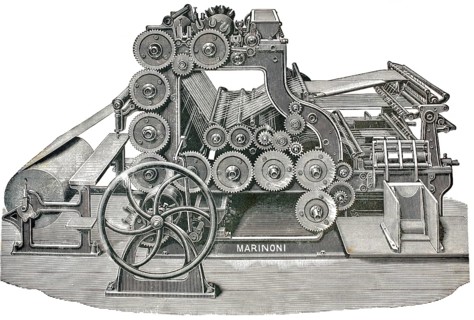 Historic rotary printing press from the well-known French manufacturer Marinoni. A complex system