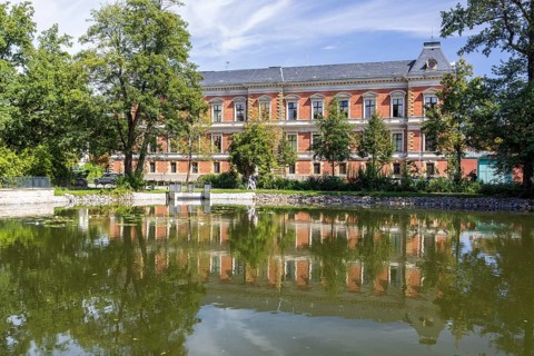 Long pond with Zwickau district and regional court, Saxony, Germany