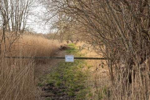 No entry sign across a path, RSPB Fowlmere nature reserve, Cambridgeshire, England, United Kingdom