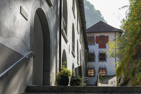 Former bathhouse in the Tamina gorge of Bad Pfäfers, St. Gallen, Switzerland