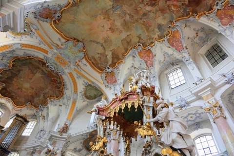 Vaulted ceiling in the Vierzehnheiligen Basilica, Bad Staffelstein, Lichtenfels district, Upper