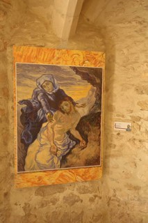 Painting replica The Pietà by Vincent van Gogh 1889, statue of Mary, Jesus, death, interior view,