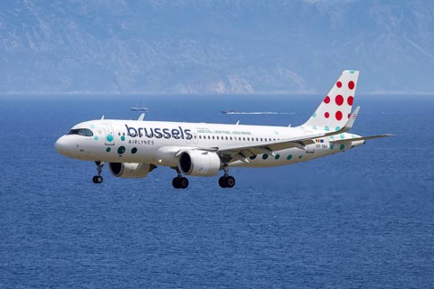 An Airbus A320neo Brussels Airlines aircraft with the license plate OO-SBA at Rhodes airport,